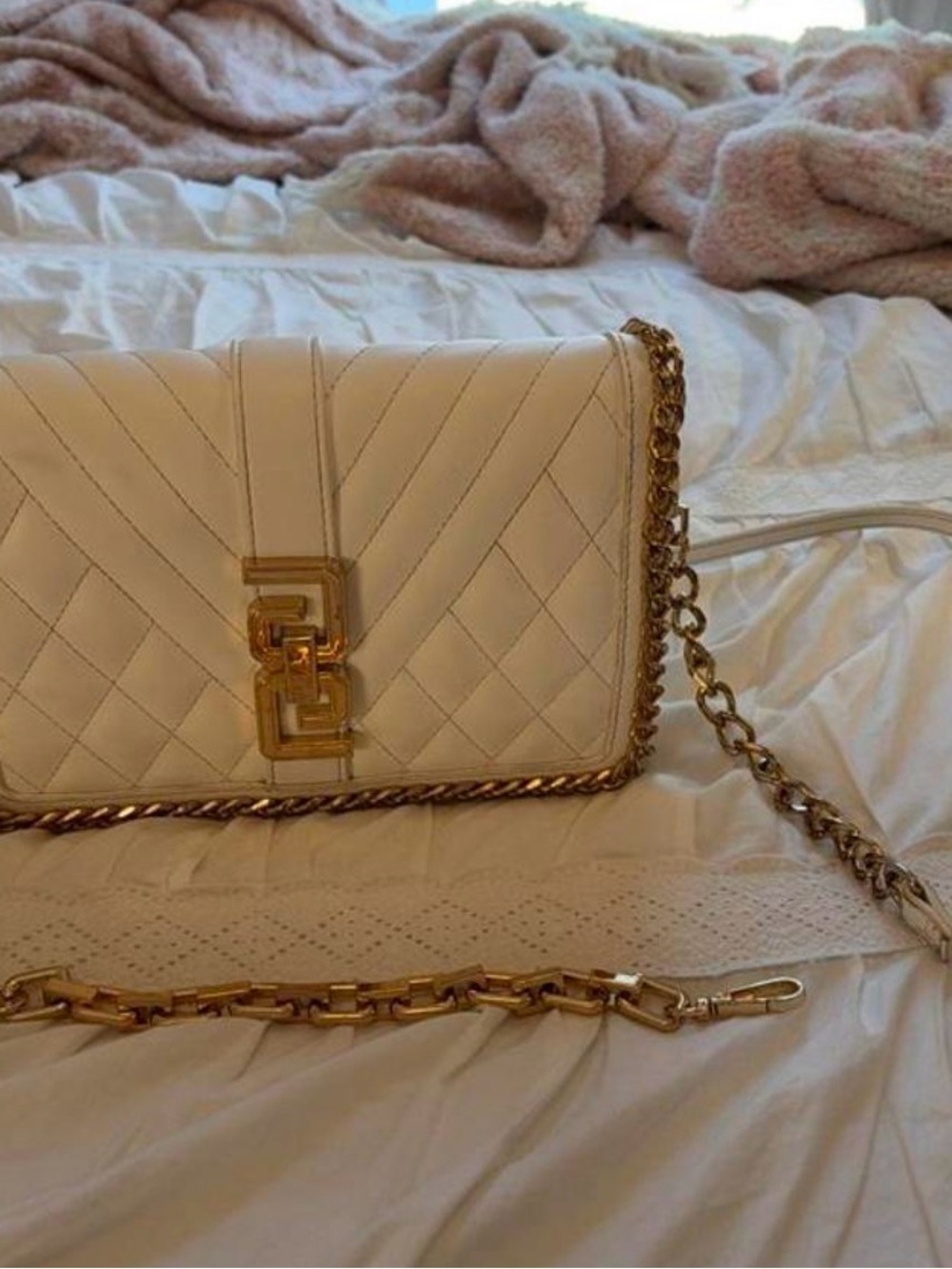 Aldo Cream Quilted Crossbody with Gold Chain Trim